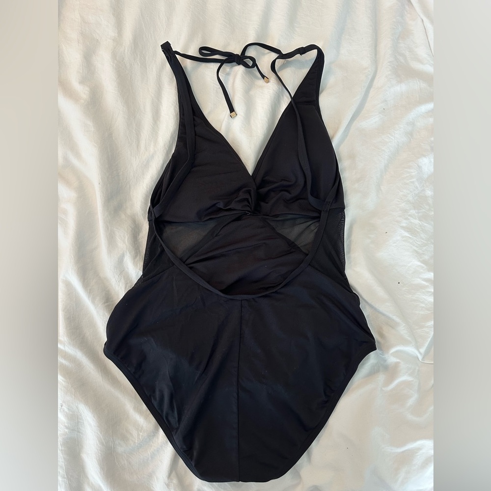 MICHAEL Michael Kors Layered Illusion One Piece Plunge Swimsuit Black MM3H249 14 - Picture 6 of 10